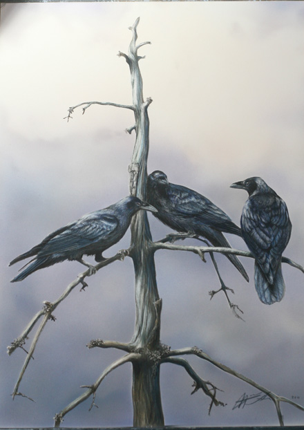 Korppeja kuolleessa kuusessa Hanna Aalto akryylimaalaus Raven acrylic painting